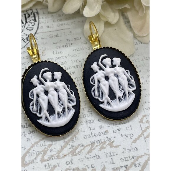 3 Graces Muse Muses Dancers Black Gold Wedding Setting Earrings Cameo Birthday - Picture 1 of 11